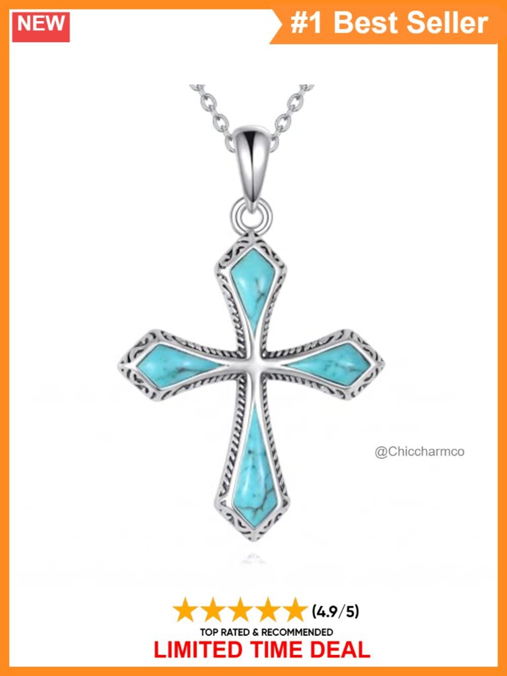 925 Sterling Silver Turquoise Cross Pendant Necklace 18in Adjustable